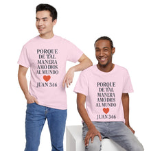 Load image into Gallery viewer, Spanish-language John 3:16 T-shirt, highlighting both spiritual and stylistic appeal
