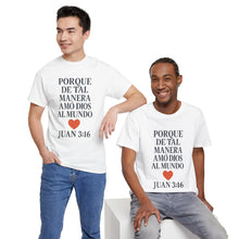 Load image into Gallery viewer, Spanish-language John 3:16 T-shirt, highlighting both spiritual and stylistic appeal