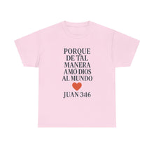 Load image into Gallery viewer, Spanish-language John 3:16 T-shirt, highlighting both spiritual and stylistic appeal