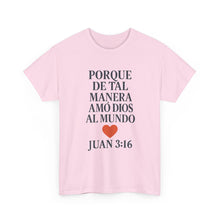 Load image into Gallery viewer, Spanish-language John 3:16 T-shirt, highlighting both spiritual and stylistic appeal