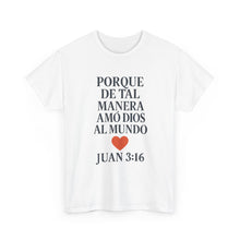 Load image into Gallery viewer, Spanish-language John 3:16 T-shirt, highlighting both spiritual and stylistic appeal