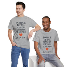 Load image into Gallery viewer, Spanish-language John 3:16 T-shirt, highlighting both spiritual and stylistic appeal