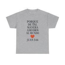 Load image into Gallery viewer, Spanish-language John 3:16 T-shirt, highlighting both spiritual and stylistic appeal