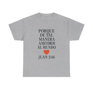 Spanish-language John 3:16 T-shirt, highlighting both spiritual and stylistic appeal