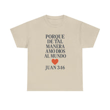 Load image into Gallery viewer, Spanish-language John 3:16 T-shirt, highlighting both spiritual and stylistic appeal