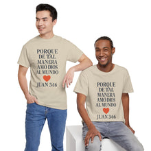 Load image into Gallery viewer, Spanish-language John 3:16 T-shirt, highlighting both spiritual and stylistic appeal