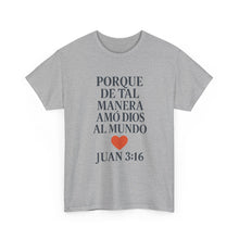 Load image into Gallery viewer, Spanish-language John 3:16 T-shirt, highlighting both spiritual and stylistic appeal