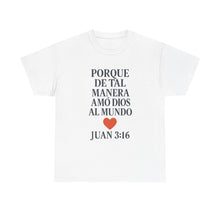 Load image into Gallery viewer, Spanish-language John 3:16 T-shirt, highlighting both spiritual and stylistic appeal