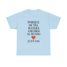 Load image into Gallery viewer, Spanish-language John 3:16 T-shirt, highlighting both spiritual and stylistic appeal