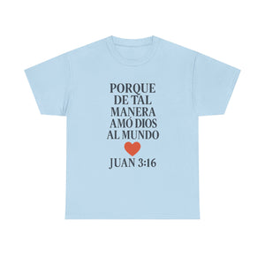 Spanish-language John 3:16 T-shirt, highlighting both spiritual and stylistic appeal