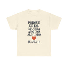 Load image into Gallery viewer, Spanish-language John 3:16 T-shirt, highlighting both spiritual and stylistic appeal