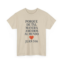 Load image into Gallery viewer, Spanish-language John 3:16 T-shirt, highlighting both spiritual and stylistic appeal
