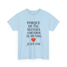 Load image into Gallery viewer, Spanish-language John 3:16 T-shirt, highlighting both spiritual and stylistic appeal