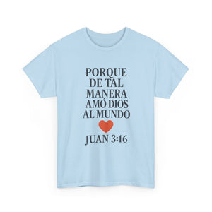 Spanish-language John 3:16 T-shirt, highlighting both spiritual and stylistic appeal