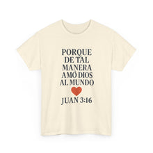 Load image into Gallery viewer, Spanish-language John 3:16 T-shirt, highlighting both spiritual and stylistic appeal
