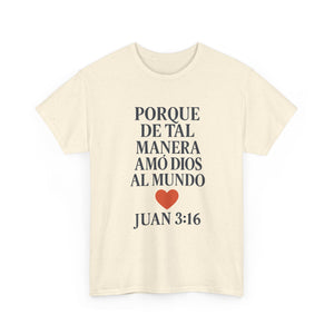 Spanish-language John 3:16 T-shirt, highlighting both spiritual and stylistic appeal